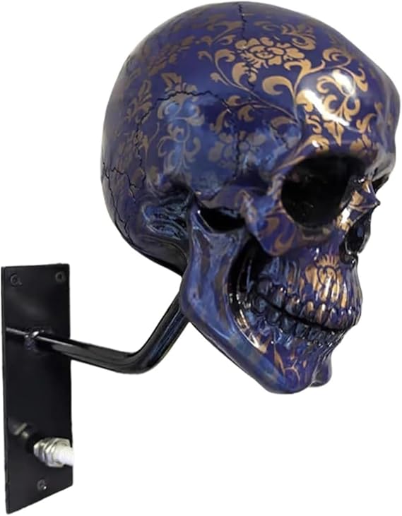 Motorcycle Helmet Skull Holder, Wall Mount Helmet Rack, Resin Crafts, Multipurpose Storage for Helmets, Coats, Caps, and Sports Gear