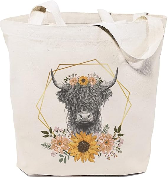 Highland Cow Canvas Tote Bag for Women Aesthetic Floral Reusable Grocery Shoulder Shopping Bags Gifts for Girls