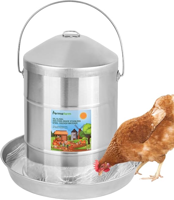 Chicken Waterer 12L / 3.2Gal, 304 Food-Grade Stainless Steel Poultry Waterer, Automatic Chicken Waterer Heavy-Duty 0.03 Inch Metal-Thickness, Silver