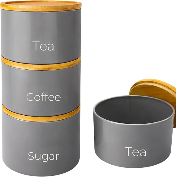 SAFRI 3 Pieces Jar with Wooden Lid Tea Coffee Sugar Canister Storage Container Bowl Pots Kitchen Storage Tins (Grey)