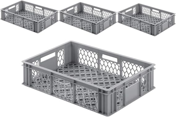 1a-TopStore VE (Pack of 4) Catering Stacking Box Euro Dimensions 600 x 400 x 154 mm (L x W x H) Walls and Base Open/Opened with Handle Openings Food-Safe Made of HD-PE (Grey) Perforated
