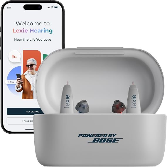 Lexie B2 Plus Powered by Bose - Self-Fitting Rechargeable OTC Hearing Aids for Mild to Moderate Hearing Loss in Adults and Seniors - Clear Sound - Wireless Charging Case - Bluetooth-Enabled - Gray