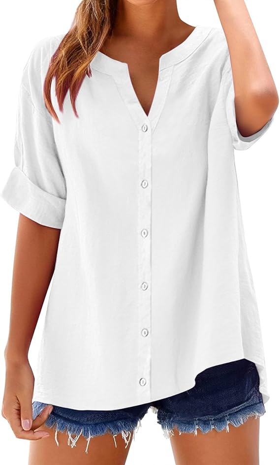 Loose Shirt Top Stand Solid Color Sleeve Collar Casual Women's Shirt Women's Womens T V Neck 