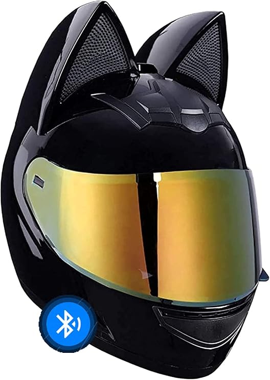 Girl Women Bluetooth Helmet Motorcycle Helmet Cat Ear Full Face Motorbike Helmet DOT Certified Four Season Flip-Up Helmets with Visor for Street Bike Racing Motocross 1,XL=60-62CM