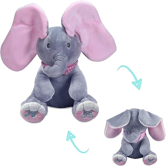 OMGOD Peek a Boo Elephant Stuffed Animals, Infant Newborn Toys, Plush Toy for Baby Girls Hide-and-Seek Game Singing Interactive Musical Toy, Great Gift for 6 Month 1+ Year Girls Moving Ears Bear Doll