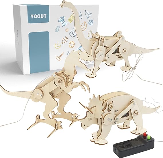 Electric Dinosaur Science Kits for Kids, 3D Wooden Dinosaur Puzzle, DIY Wooden Kids Science Dinosaur Experiment Kits, Tyrannosaurus, Triceratops, Brachiosaurus