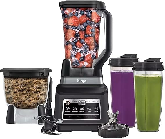 Ninja BN805A Pro Plus Kitchen System, 1400W, 5-in-1: Smoothies, Chop, Dough, Auto IQ, 72oz Blender Pitcher, 64oz Processor Bowl, 2x32oz Cups, Black | 1400W, five functions, 72oz pitcher, 64oz bowl, two 32oz cups