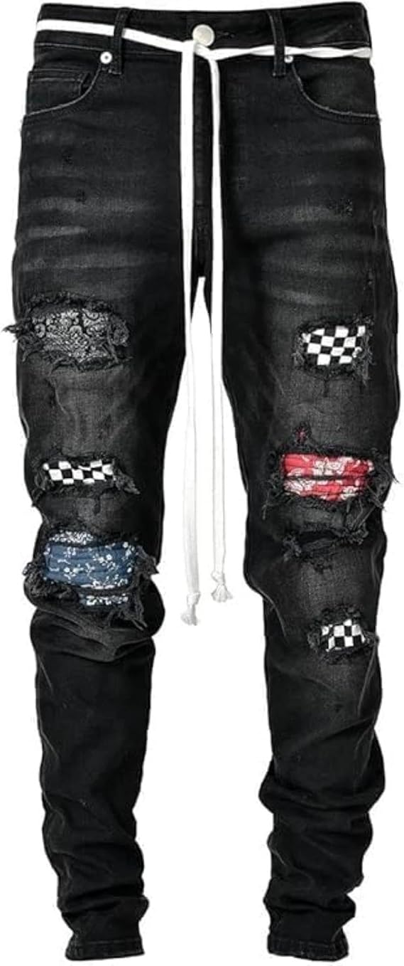 Mens Classic Regular Fit Ripped Jeans Casual Washed Distressed Denim Pants Hip hop Biker Jean Trousers