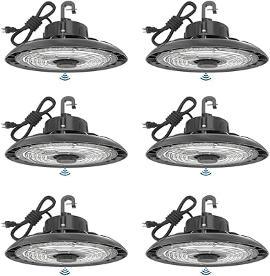 HYPERLITE 150W Smart High Bay LED Shop Lights 6pack, 140LMW 5000K LED High Bay Lights with 1pack Remote Control & 6pack Motion Sensor, 120-277V high Bay LED Lighting for Garage Workshop Gym