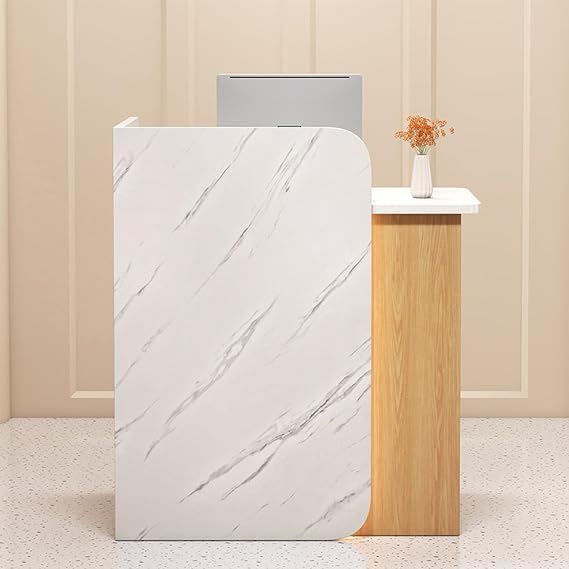 Modern Reception Desk with Drawer & Open Shelves, Front Counter Table, Computer workstation suitable for salons, offices, lobbies, retail stores and home offices