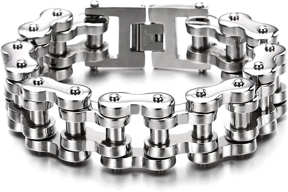 COOLSTEELANDBEYOND Heavy Sturdy Mens Motorcycle Chain Bike Chain Bracelet of Stainless Steel Silver Color Polished