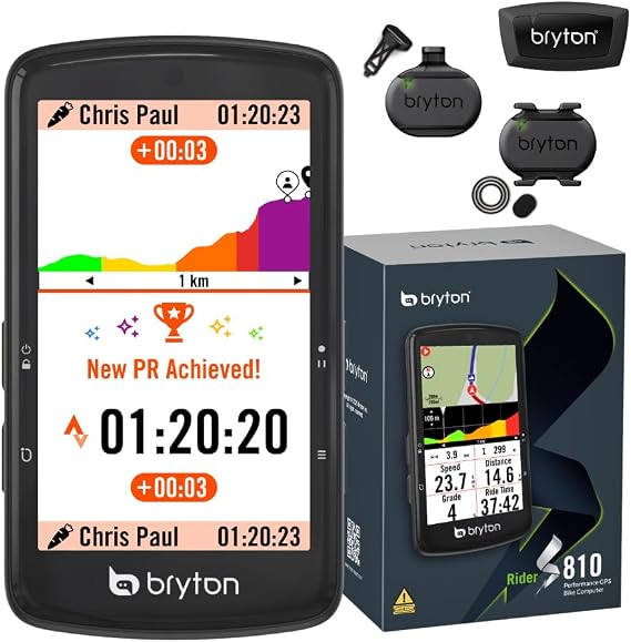 Bryton Rider S810 GPS-Fahrradcomputer Bundle mit 35 Farb-Touchscreen mit 2.5D-Glas 50 Std. Akkulaufzeit Offline-Europakarte Turn-by-Turn-Navigation ANT+/BLE Strava Live Segmente mit Sensoren