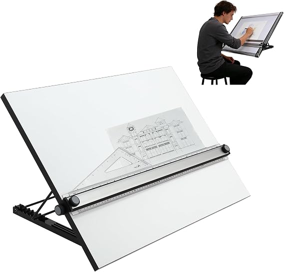 Multi-Angled Drawing Board with Ruler and Parallel Motion Bar, Portable Laminated Surface for Artists, Designers, and Students