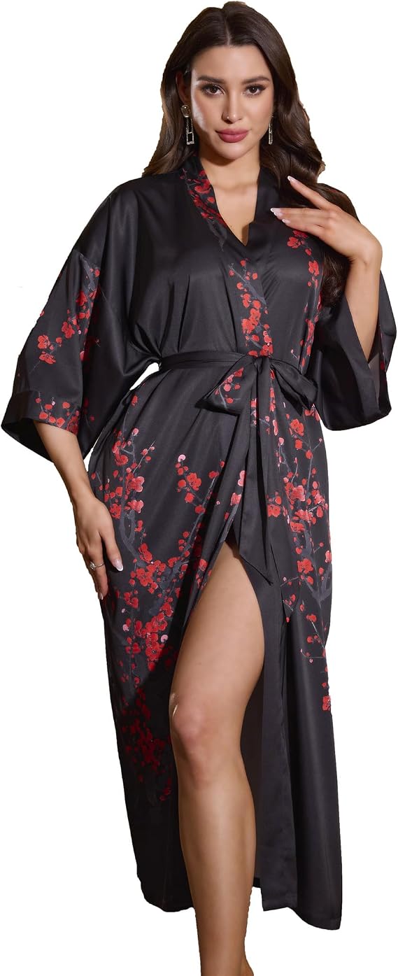Kihnop Women's Floral Long Kimono Robe Long Satin Robe Long Silk Robe Ladies Kimonos Silky Bathrobe Cover Up, One Size