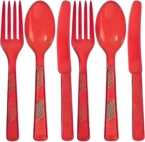 Disposable Plastic Cutlery Set | Red | Pack of 48