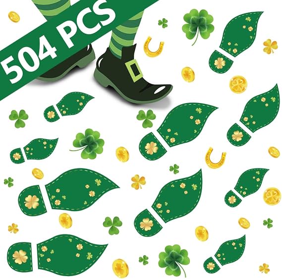 jollylife 504PCS St. Patrick's Day Decorations Leprechaun Footprints Floor Decals - Shamrock Gold Coin Party Decorations Stickers