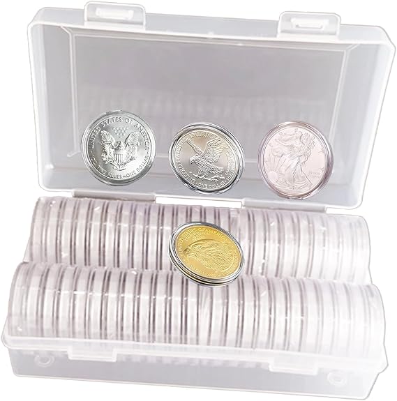 40.6mm Silver Dollar Coin Holders, 50 PCS Silver Eagle Coin Capsules with Clear Storage Organizer Box, Round Plastic Coin Cases for 1 oz Silver Coins, Coin Collection Supplies for Collectors