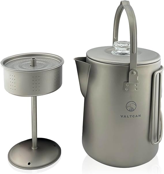 Valtcan Titanium Percolator Coffee Maker World's First Full Titanium, 6-Cup 1.5L, 395g Ultralight, No Metallic Taste, CNC Filter, Glass Brew Viewer, Campfire & Stovetop, Grade 1 Ti, Carry Case