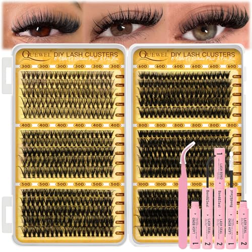 QUEWEL 580PCS Lash Clusters Kit 30D40D50D60D80D100D Lashes Clusters Kit 10-18mm Cluster Lashes Individual Eyelash Clusters Reusable for Natural DIY Cluster Eyelash Extensions for Beginners