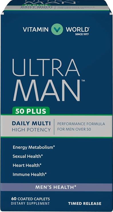Vitamin World Ultra Man 50 Plus Daily Multivitamin | Feat. Zinc, Flaxseed, Amino Acids, Vitamins B6, B12, C, E, Folic Acid | Health & Wellness Multi-Supplement for Men Over 50, 60 Caplets