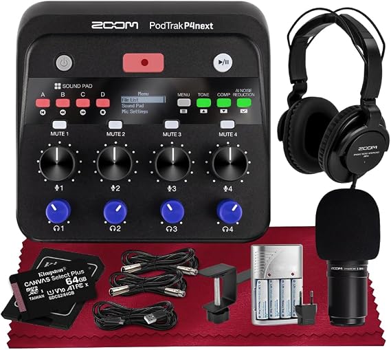 Zoom PodTrak P4next Podcast Recorder, Portable Multitrack Audio Recording w/ 4 Mic Inputs Includes Podcast Mic Pack, Rechargeable Batt, Headphone Hanger & More for Interviews, Remote Guest Recording