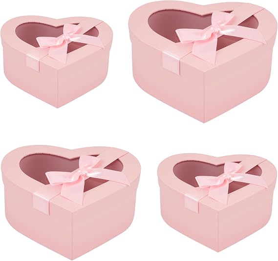 Povxlum 4 PCS Heart Shaped Gift Boxes with Clear Lids for Flower Present Arrangements Nesting Gift Boxes for Wedding Birthday Valentine Baby Showers Bridesmaid Present Packaging (Pink)