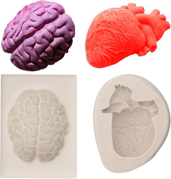 3D Brain & Heart Silicone Fondant Molds for Halloween Cake