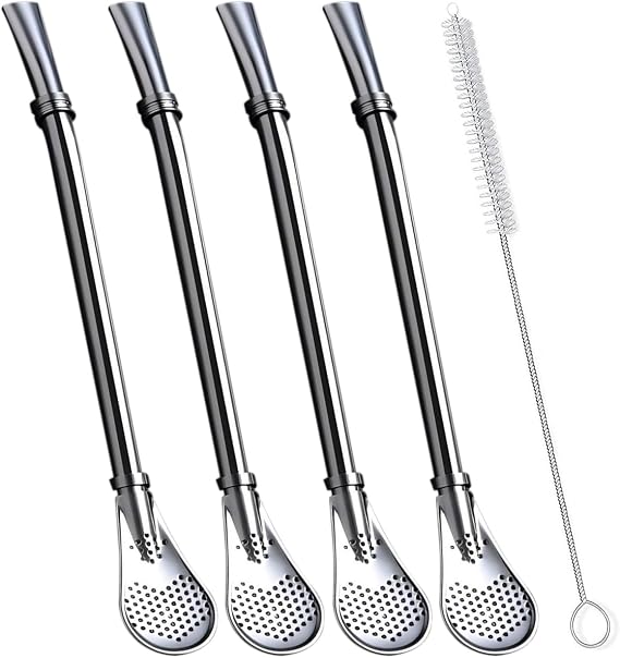 Bombilla Yerba Mate Straws, 4 Pcs Reusable Tea Coffee Cocktail Stainless Steel Bent Smooth Flow Drinking Stir Filter Spoon Straws with Cleaning Brush by Beruth (silver)
