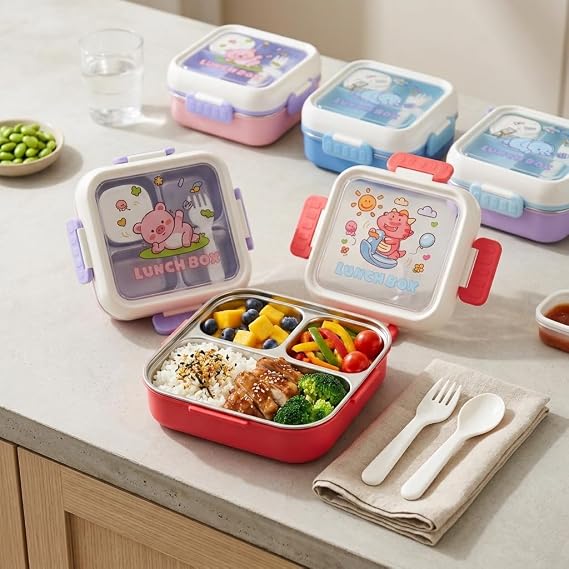 Deconox Paslanmaz Çelik 3 Bölmeli Kilitli Yemek Kabı 2000 ml, Çatal Kaşık Dahil Renkli Desenli Lunch Box, Çelik İç Hazneli Saklama ve Taşıma Kabı
