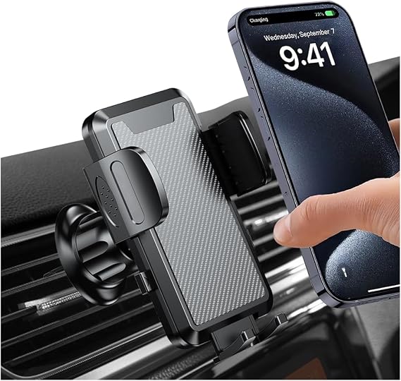 Car Phone Holder Mount, 360° Rotation Adjustable Vehicle Phone Stand with Metal Hook Clip, Auto Cellphone Holder Mount for Air Dashboard Windshield Vent, Universal Fit (Carbon Fiber Black)