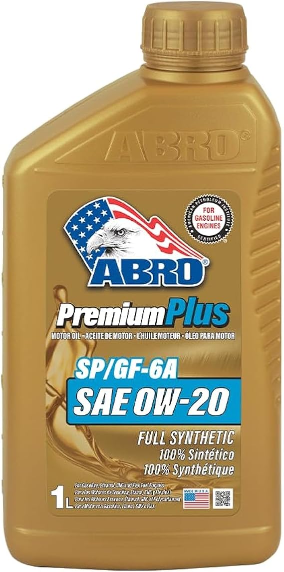 ABRO Premium Plus Full Synthetic Motor Oil, SAE 0W-20, SP/GF-6A, 1 L | Full-synthetic oil protects modern engines from wear, sludge and heat with strong cold-start flow and film strength