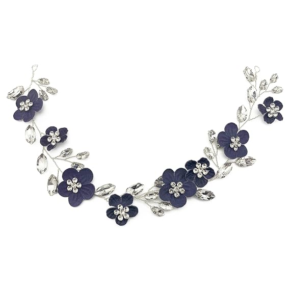 Dark Blue Flower Rhinestone Silver Vine Headband Hair Accessory for Wedding