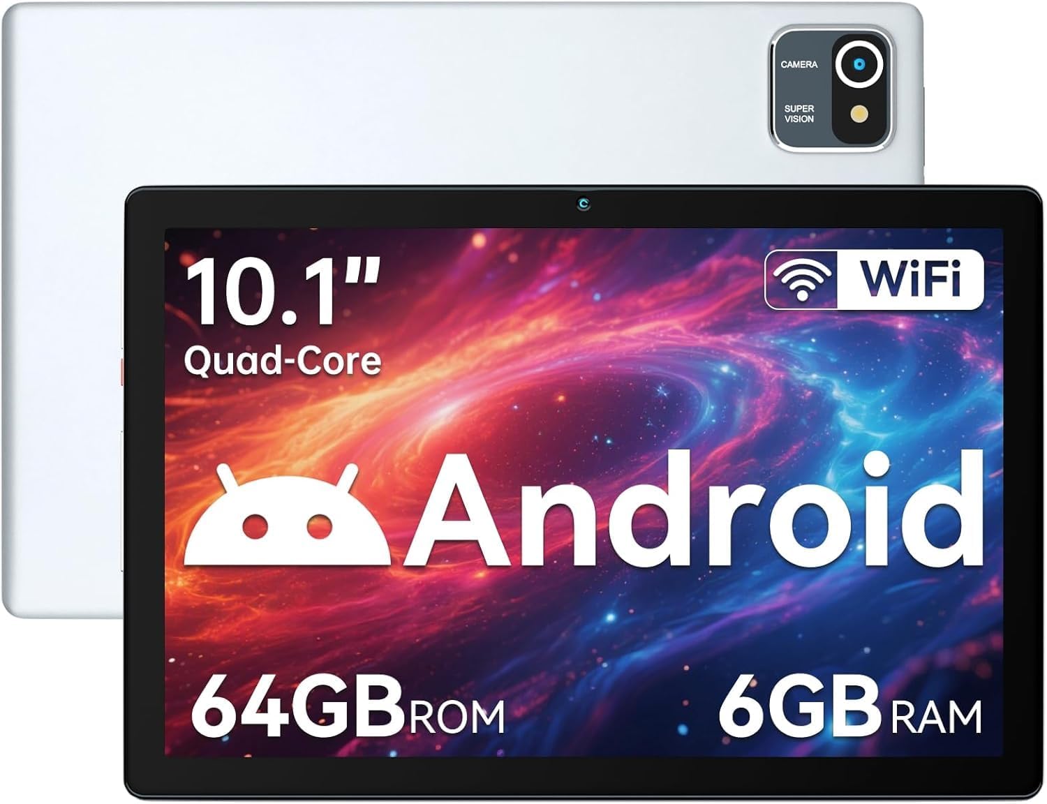 Hakaug Tablet 10 Inch Android OS Quad-Core 6GB RAM 64GB ROM 5000 mAh Battery1280x800 Touchscreen Tablet-PC (Silver)
