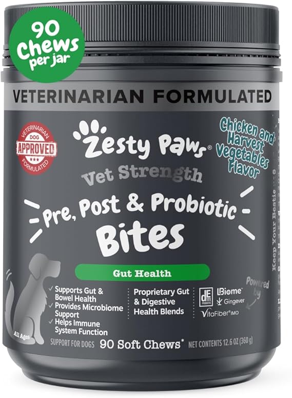 Zesty Paws Vet Strength Probiotics for Dogs - Gut Health, Chicken, 90ct