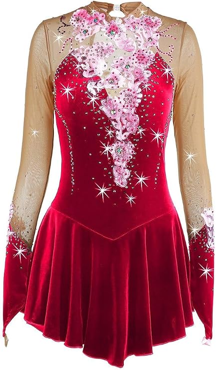 Velvet Ice Skating Performance Dress Handmade Figure Skating Costume Girls Competition Clothing with Crystals