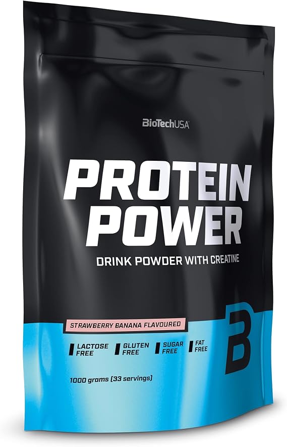 BioTechUSA Protein Power | High Protein, Sugar-Free, Lactose-Free, Gluten-Free | Added Creatine, 1 kg, Strawberry-Banana | With whey protein, soy protein isolate and calcium caseinate | Sugar and lactose free | 1 kg, Strawberry-Banana