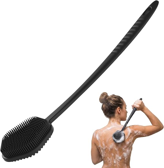 Redfly Silicone Back Scrubber for Shower Brush, 44cm Long Handled Silicone Body Scrubber for Men & Women, Double Sided Shower Scrubber for Body Brush Exfoliator and Massage, Black