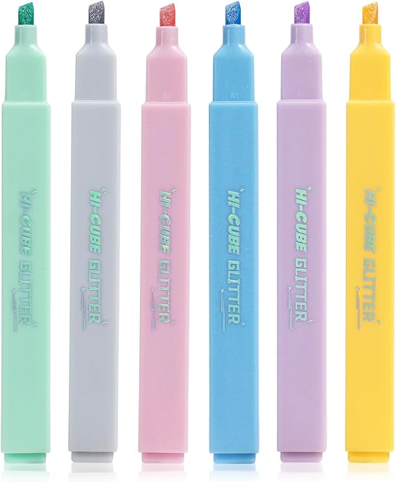 M&G HI-CUBE Glitter Highlighters, 6 Pack Gentle Colors with Glitter Ink, No Bleed Soft Chisel Tip for Bible Study, Cute Aesthetic Highlighters for Journaling, Planners & Notes