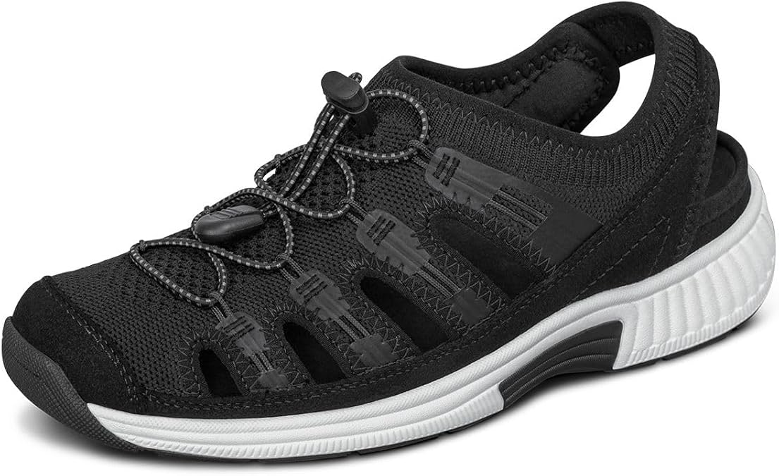 Orthofeet Women's Orthopedic Laguna Adjustable Stretch Fisherman Sandal, Black, Size 9.5