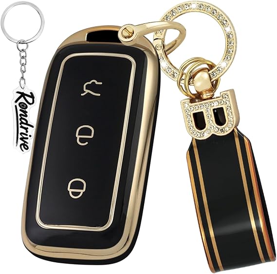 Soft TPU Key Case Key Shell, Compatible with Geely EX5 Starray EM-i 2025 2026 Gold Edge Car Key Case Key Cover Key Protection with Key Ring 3-Button Black