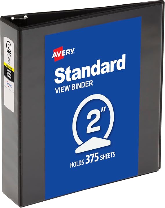 Avery Standard View 3 Ring Binder, 2" Round Rings, 375-Sheet Capacity, 2.8 Inch Wide Spine, 1 Black Binder, Ideal for Lightweight Organization