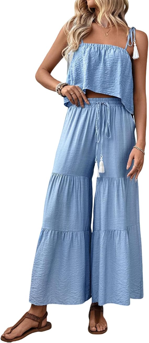 Xixiuly Women's Summer 2 Piece Lounge Sets Outfits Square Neck Spaghetti Strap Crop Top Ruffle Hem Wide Leg Pants Tracksuit