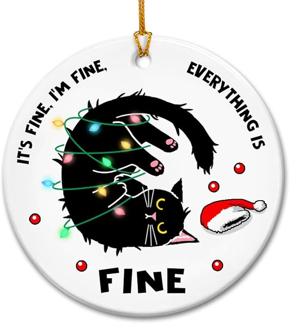 Cat Christmas Ornament 2025 | Black Cat Ornaments for Christmas Tree, Funny Ceramic Decor Gift for Women, Farm Animal Holiday Keepsake