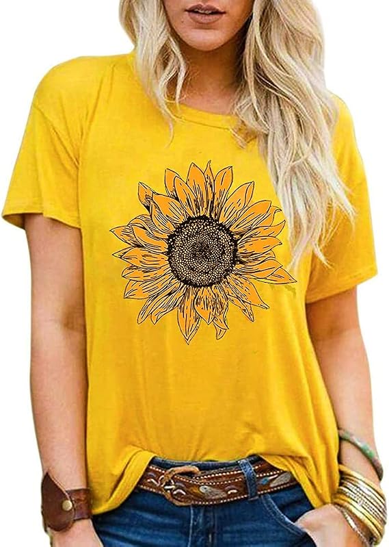 Women Summer Sunflower Tops Casual Short Sleeve Round Neck T-Shirts Graphics Tee Shirts Soft Loose Comfy Blouses