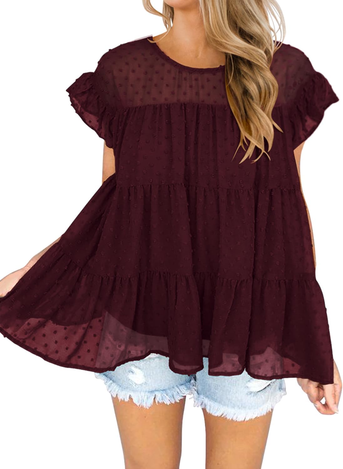 DOROSE Women's Babydoll Tops Swiss Dot Ruffle Sleeve Tiered Flowy Blouses Dressy Casual Summer Shirts