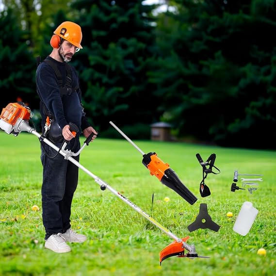 Weed Wacker Gas Powered, 52cc 2-Stroke Gas Weed Eater, 3 in 1 Blower, String Trimmer with 10 Brush Cutter,Rubber Handle & Shoulder Strap Included (Orange)