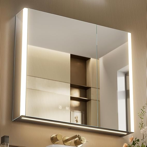KWW LED Lighted Bathroom Medicine Cabinet with Sockets & USBs, Defogger, Dimmable, 3 Color Light Makeup Mirror, Easy to Install, Wall Mounted Cabinet (2 door-31 * 28)