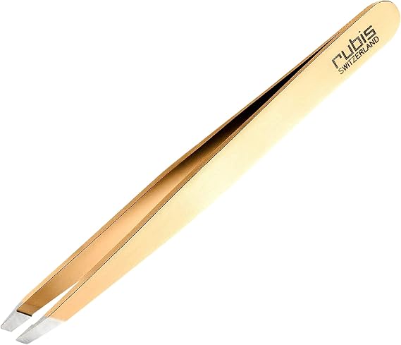 Rubis Classic Stainless Steel Slanted Tweezers for Precise Eyebrows and Hair Removal, The Gold Collection, Gold, 1K103