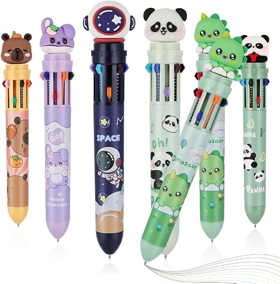 Multicoloured Pens, 6 Pack 0.5mm 10-in-1 Cartoon Ballpoint Pen Retractable Ballpoint Multicoloured Pens, for Office School Supplies Students Children Gift Party Bag Fillers