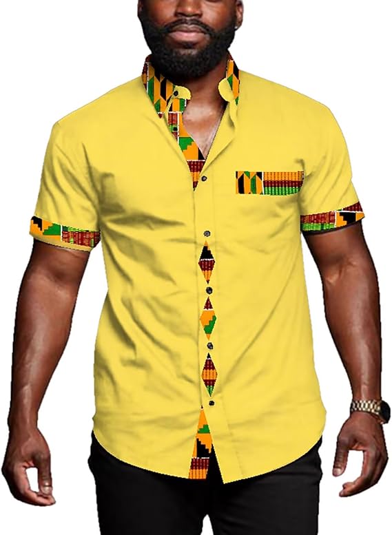 ABCWAX Men's African Printed Tribal Graphic Patchwork Design Short Sleeve Button up Shirt